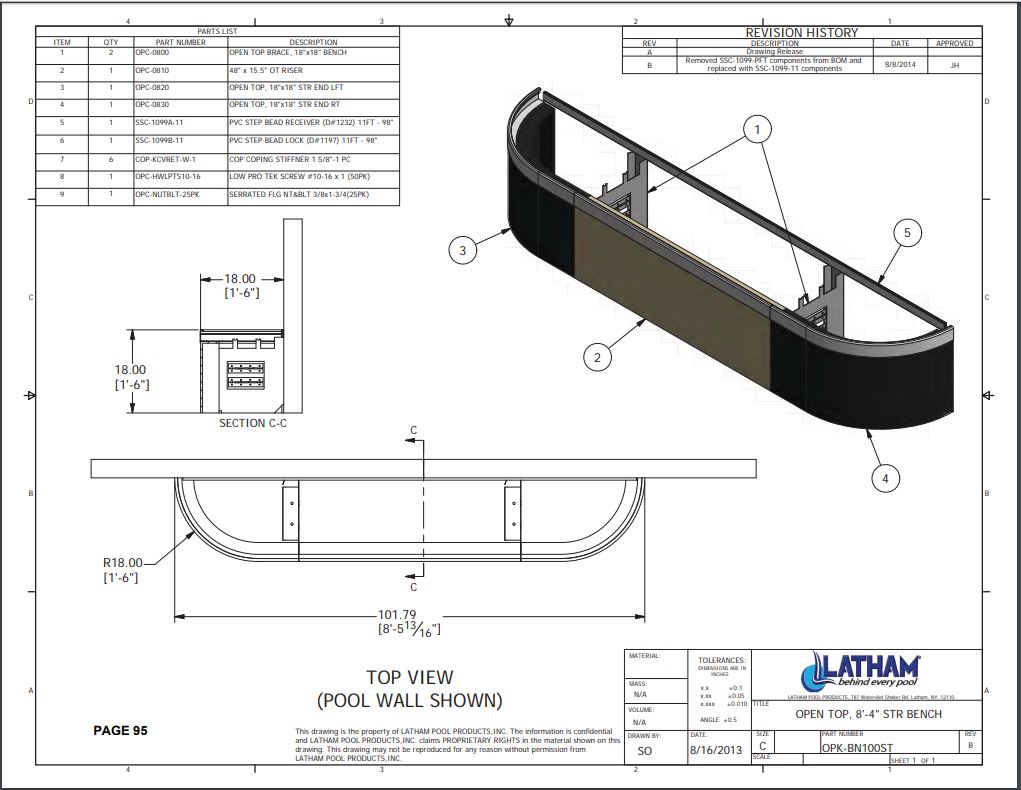swimming pool bench dimensions