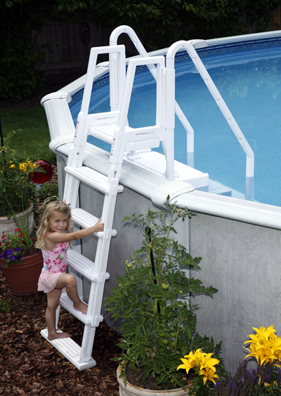this entry system is perfect for above ground pools without an attached deck the outside ladder attaches to the walk in step and can swing into a - Above Ground Pool Outside Steps this entry system is perfect for above ground pools without an attached deck the outside ladder attaches to the walk in step and can swing into a - Above Ground Pool Outside Steps