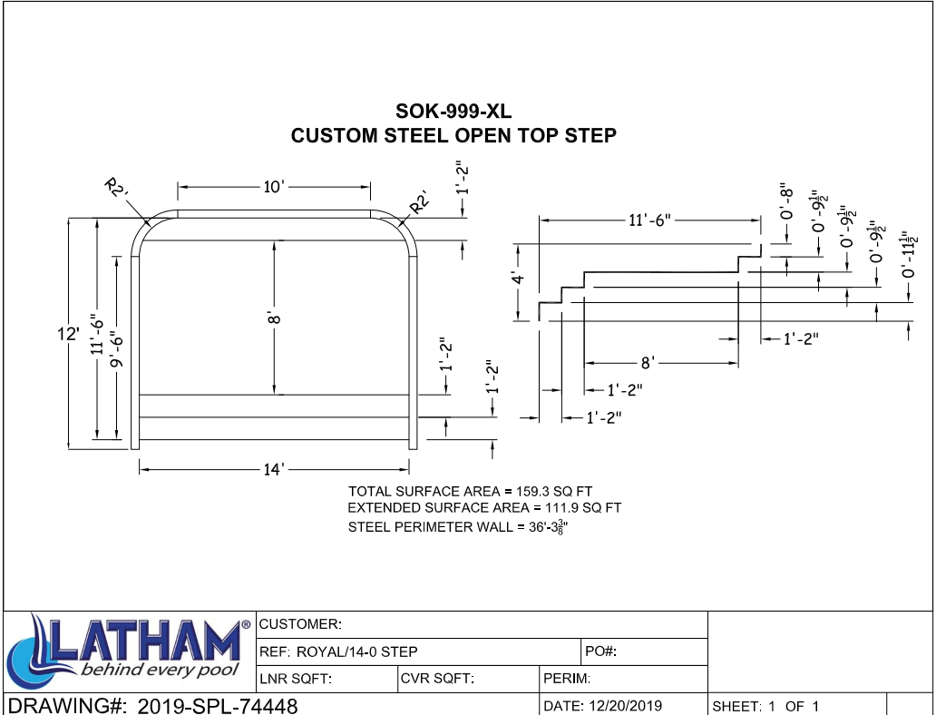 48" High x 14' Wide x 2' Radius Full Width Steel Step with 8' Sunledge
