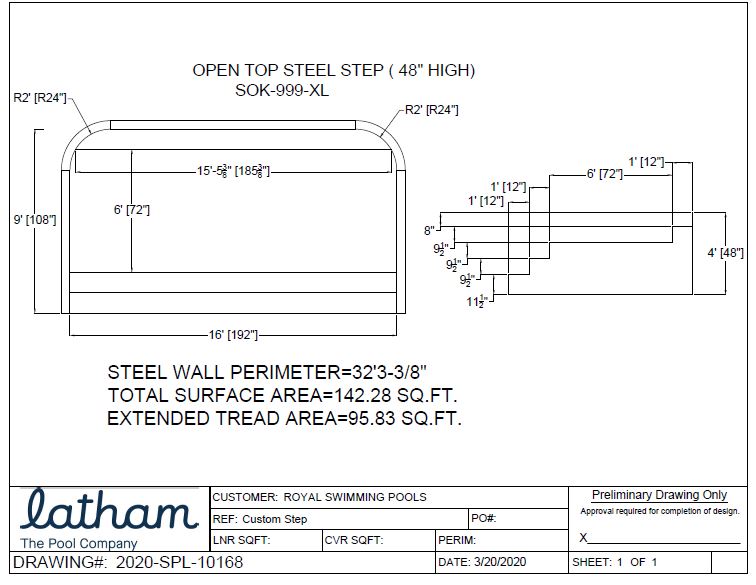 48" High x 16' Wide x 2' Radius Full Width Steel Step with 6' Sunledge