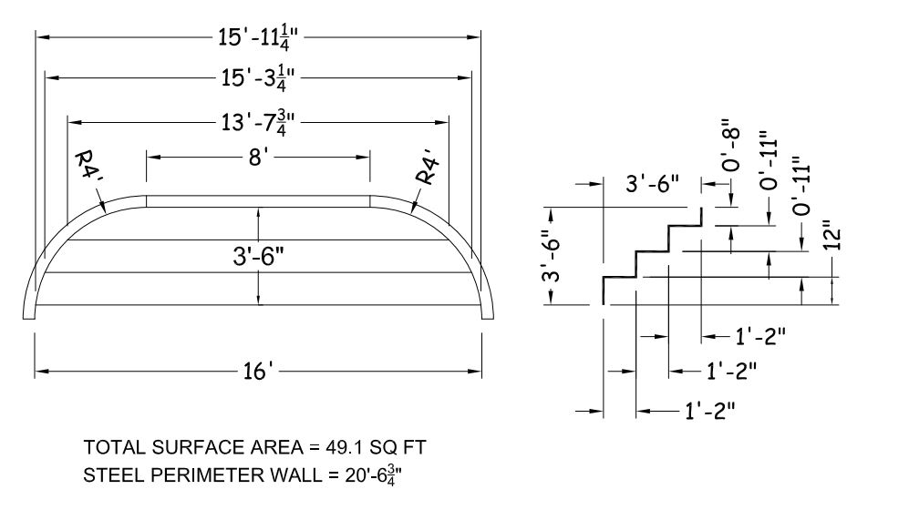 42" High x 16' Wide x 4' Radius Full Width Steel Step