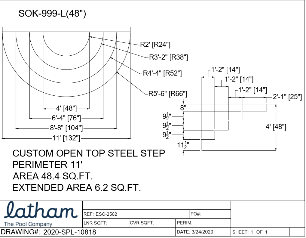 180 Deg. Steel Wedding Cake Step for Straight Walls (11' Wide) 48" walls