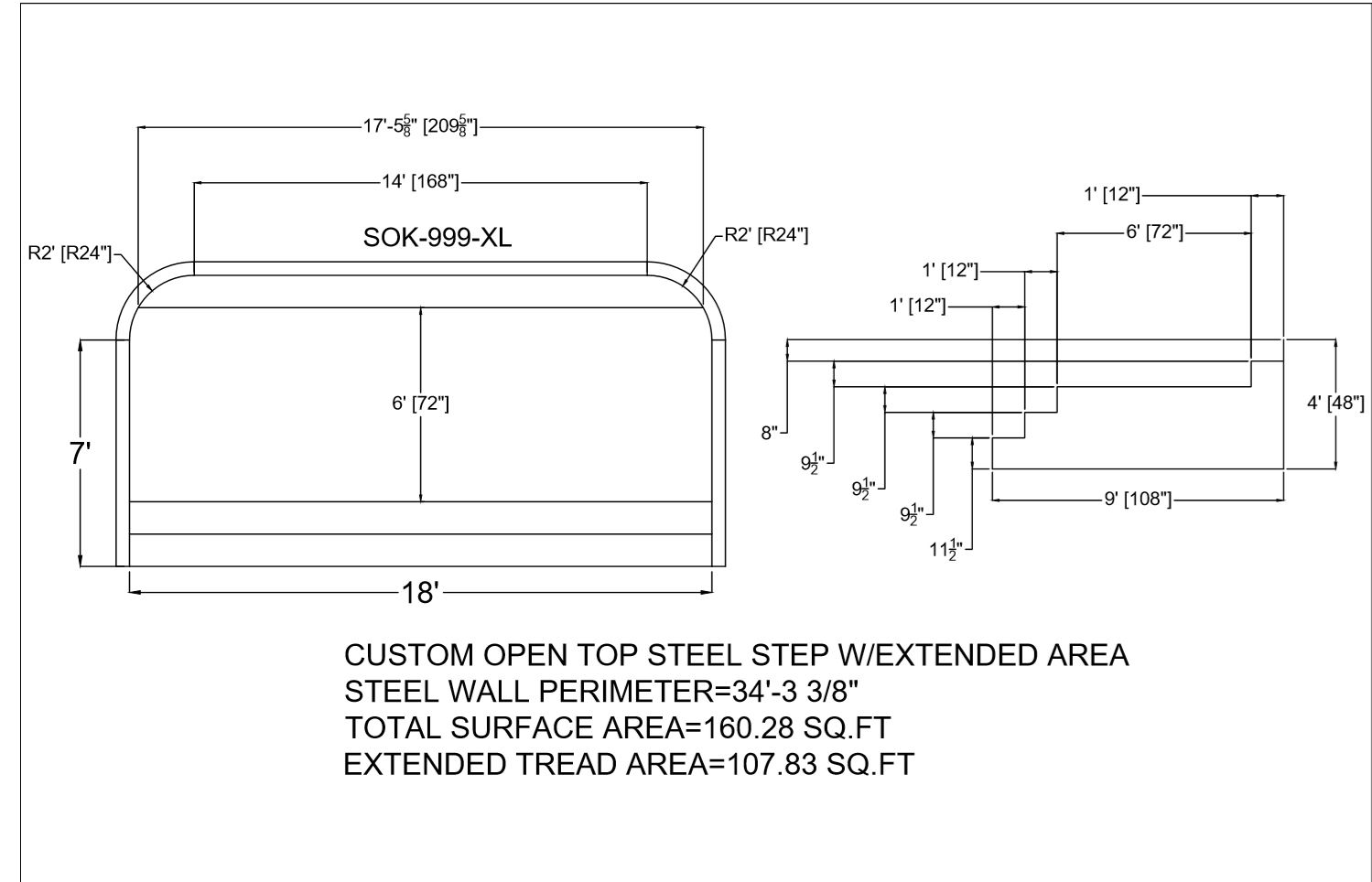 48" High x 18' Wide x 2' Radius Full Width Steel Step with 6' Sunledge ESC-18611