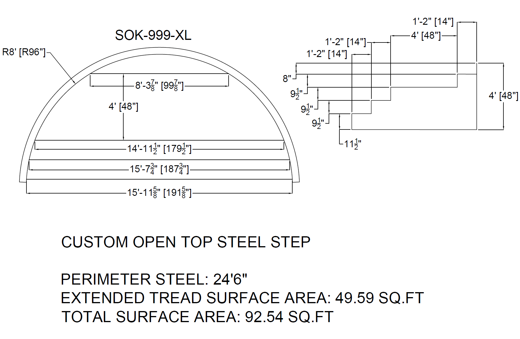 8' Radius x 48" High 4-Tread Poured Steel Step with 4' Sundeck
