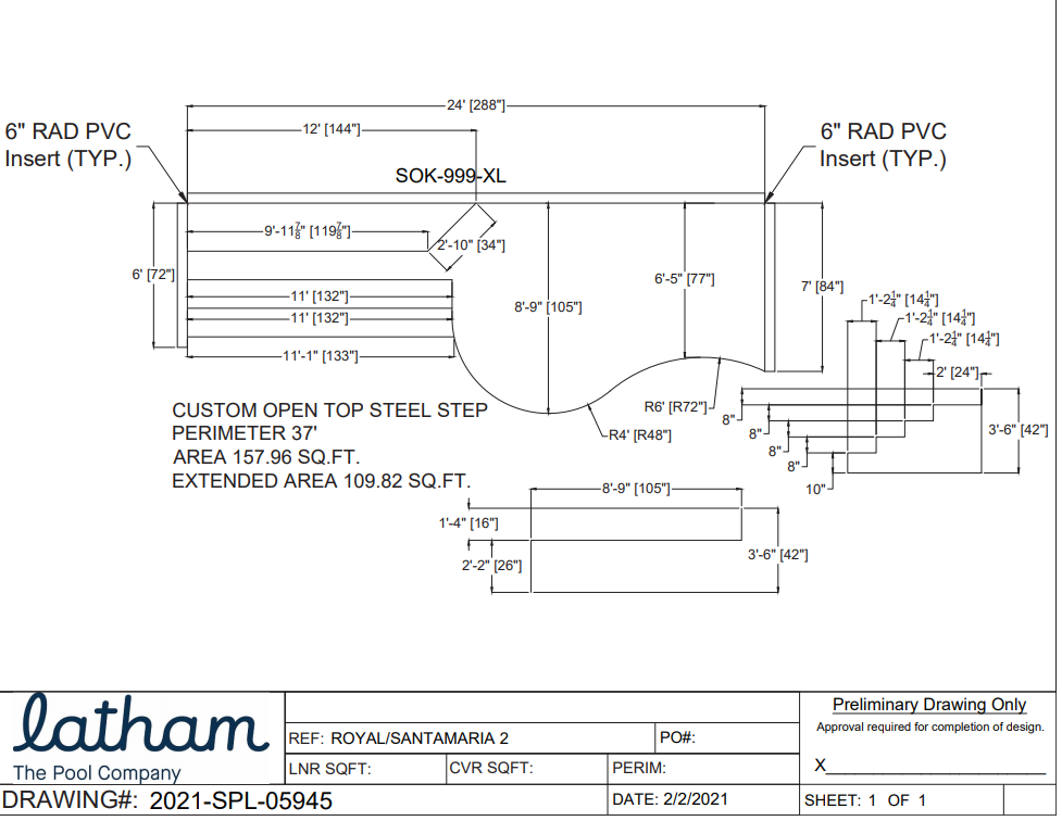 42" High x 24' Wide x 6" Radius Full width Steel Right Side Step with 8'-9" Sunledge