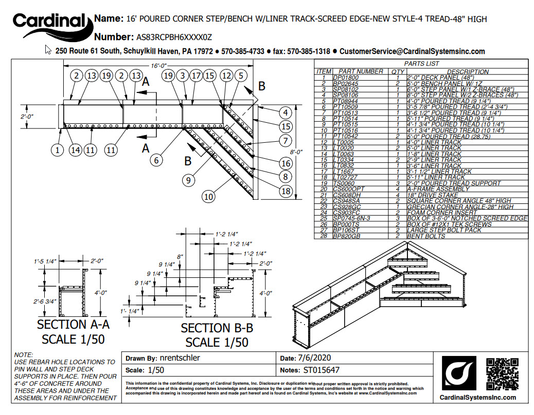 16' Wide Steel 42" Wall Full width Corner step with Bench