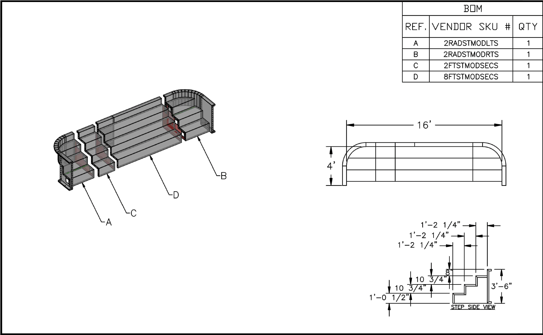 42" High x 12' Wide x 2' Radius Full Width Steel Step (Cardinal - Closed Top)