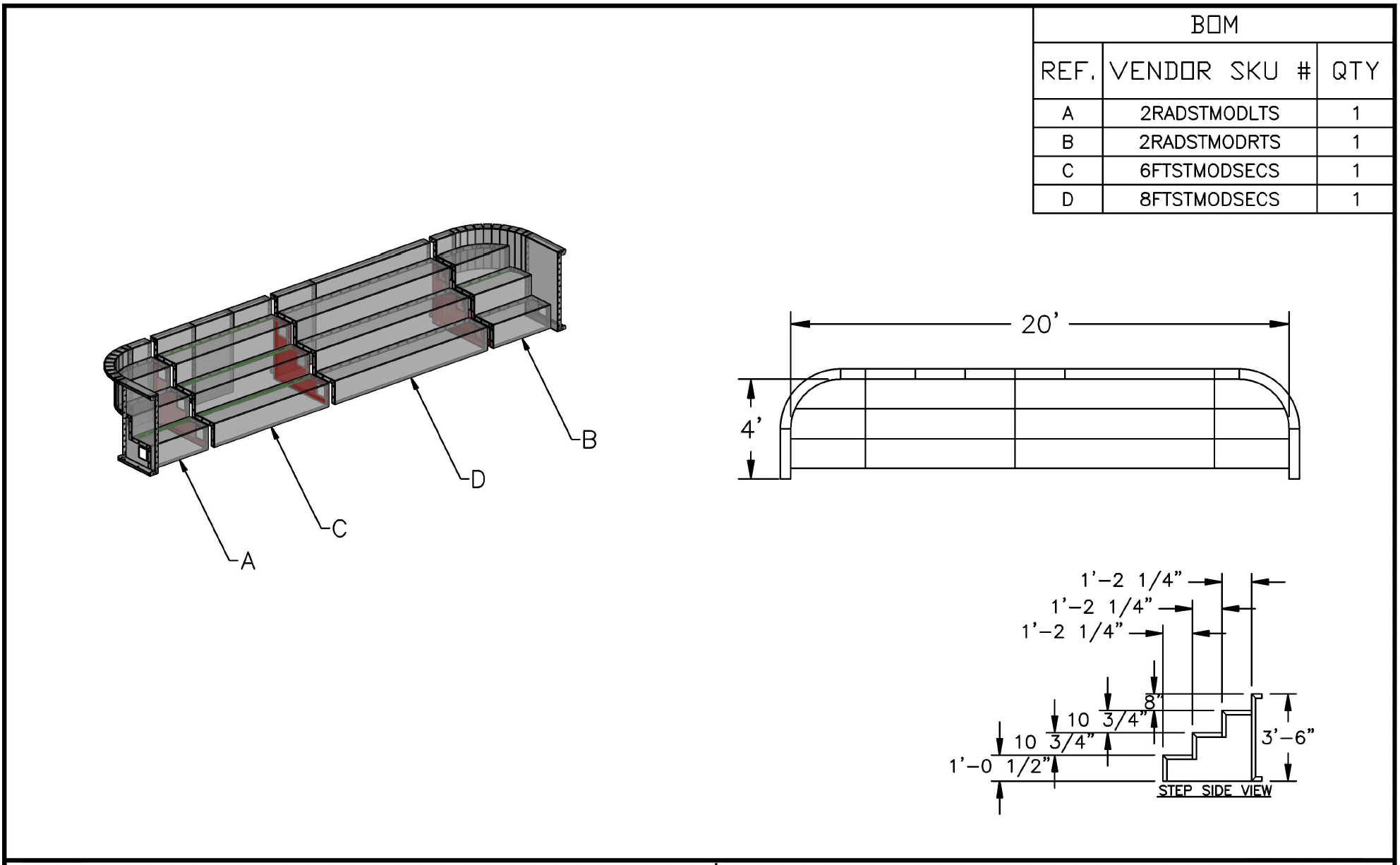 42" High x 20' Wide x 2' Radius Full Width Steel Step (Cardinal - Closed Top)