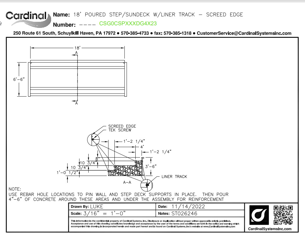 42" High x 18' Wide x 6" Radius Full Width Steel Step with 4' Sunledge