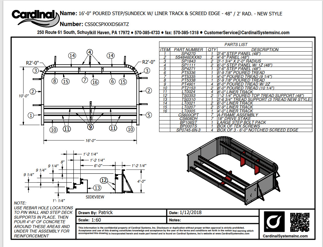 48" High x 24' Wide x 6" Radius Full Width Open Top Steel Step with 8' Sunledge Top Tread
