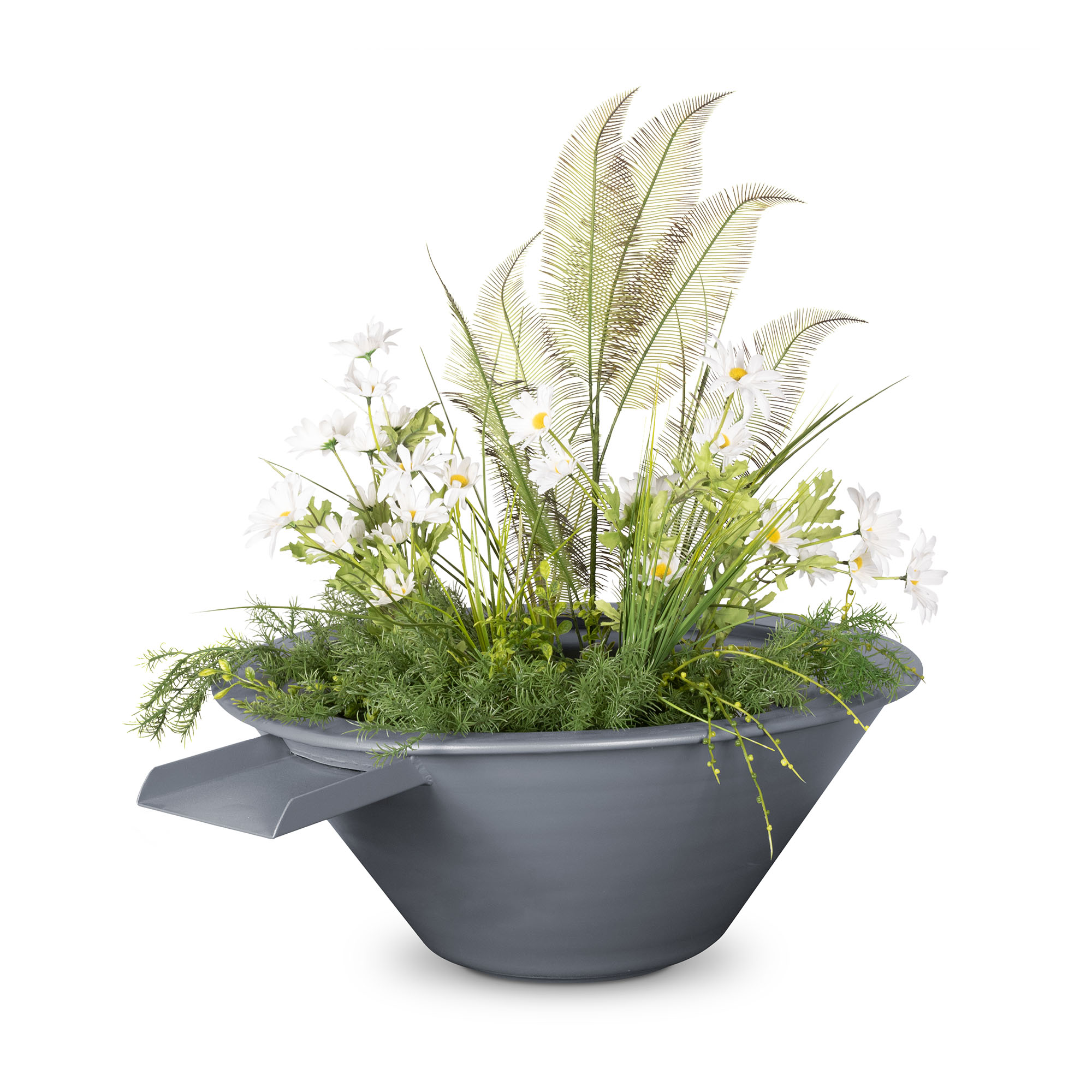 30" Cazo Powder Coated Steel Planter with Water Bowl - Silver Vein - Bowl With Spillway