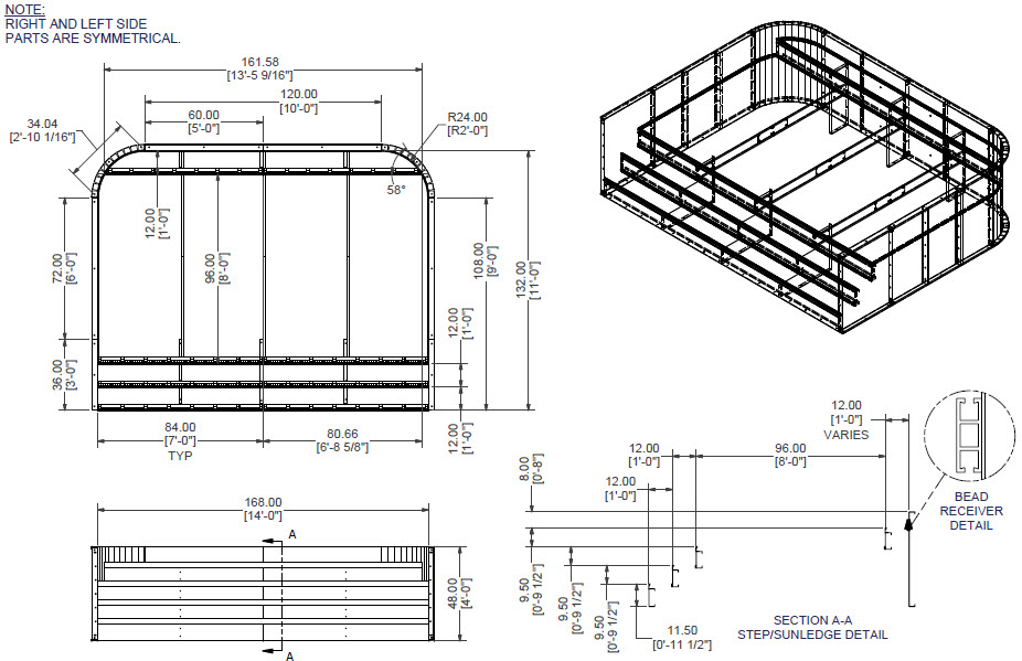 48" High x 14' Wide x 11' long 2' Radius Full Width Steel Step with 8' Sunledge