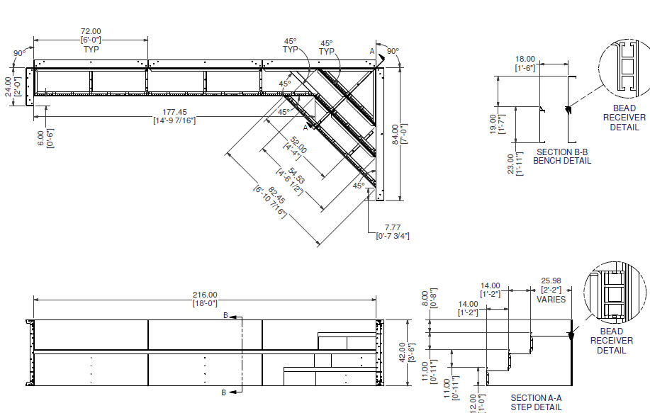 18' Wide Steel 42" Wall Full width Corner step with Bench