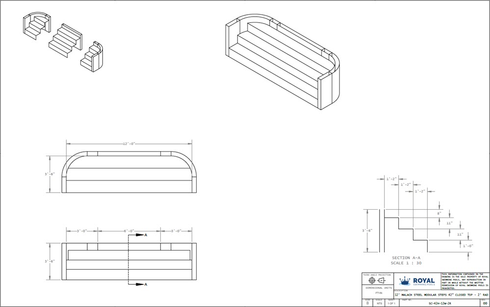 12' Malach Steel Modular Steps 42" Closed Top - 2' Radius