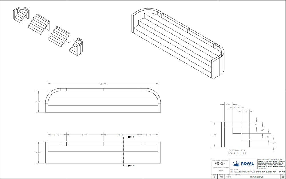 18' Malach Steel Modular Steps 42" Closed Top - 2' Radius