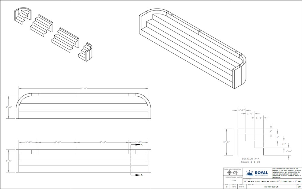 20' Malach Steel Modular Steps 42" Closed Top - 2' Radius