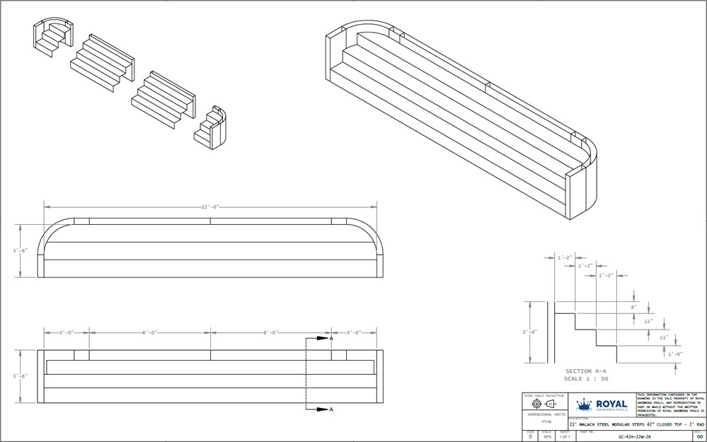 22' Malach Steel Modular Steps 42" Closed Top - 2' Radius