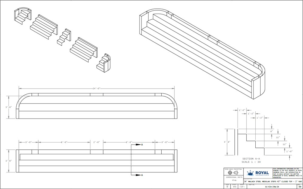 24' Malach Steel Modular Steps 42" Closed Top - 2' Radius