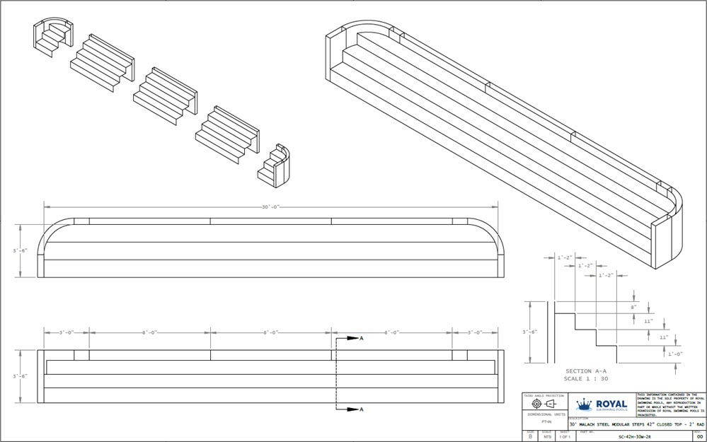 30' Malach Steel Modular Steps 42" Closed Top - 2' Radius