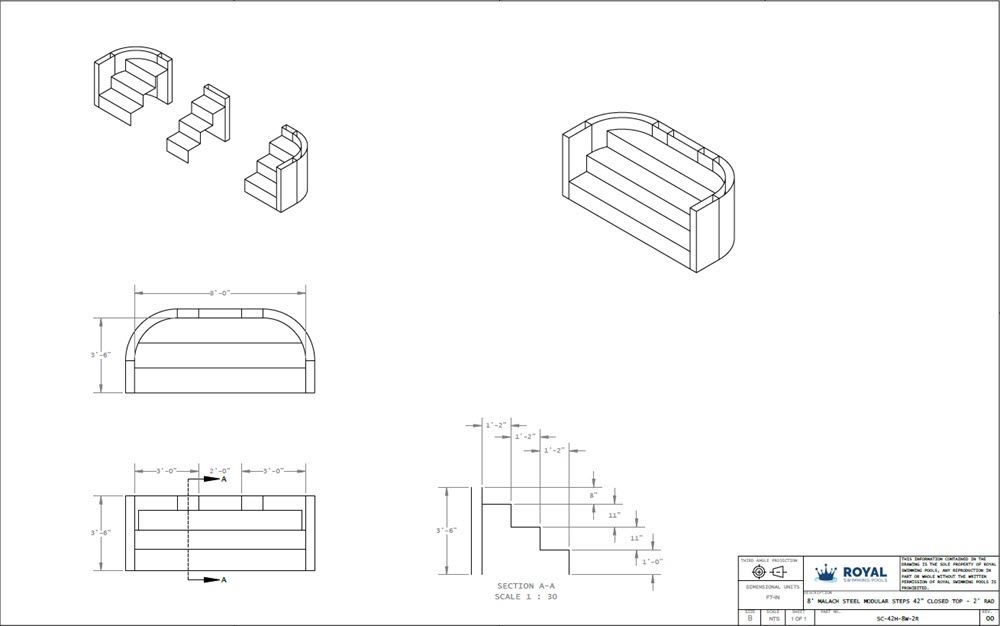 8' Malach Steel Full Width Steps 42" Closed Top - 2' Radius