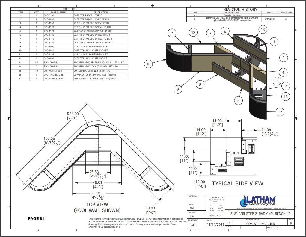 Pool Lab 3d Rounded Pool Steps 8' Corner Step Polymer 2'R 3-Tread w/ Double Bench | Royal Swimming Pools