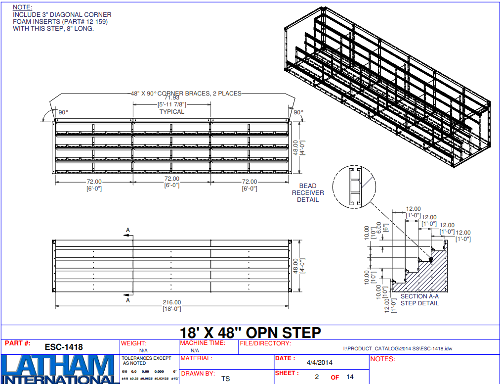 18' Full Width Open Top 4-Tread Step for 48" Walls with 6" radius