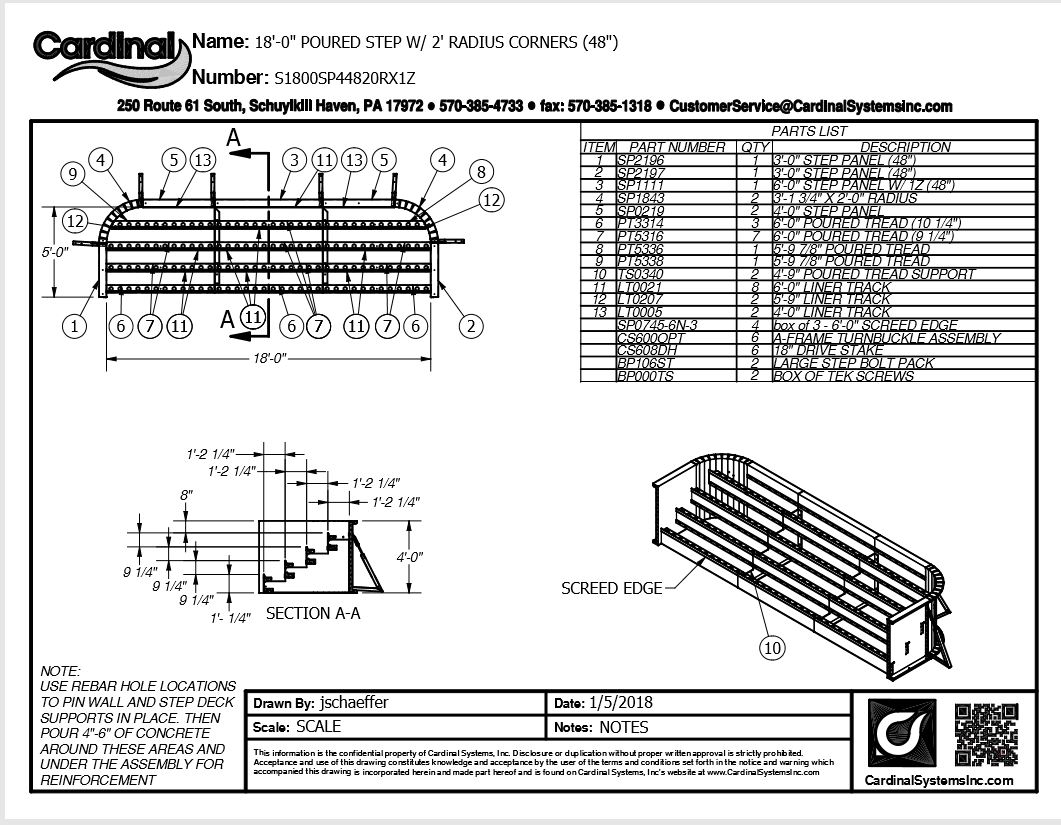 48" High x 18' Wide x 2' Radius Full Width Steel Step ZAM