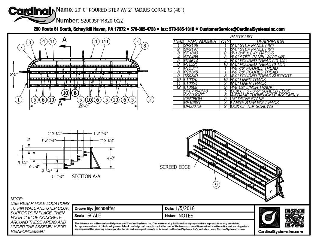 48" High x 20' Wide x 2' Radius Full Width Steel Step ZAM