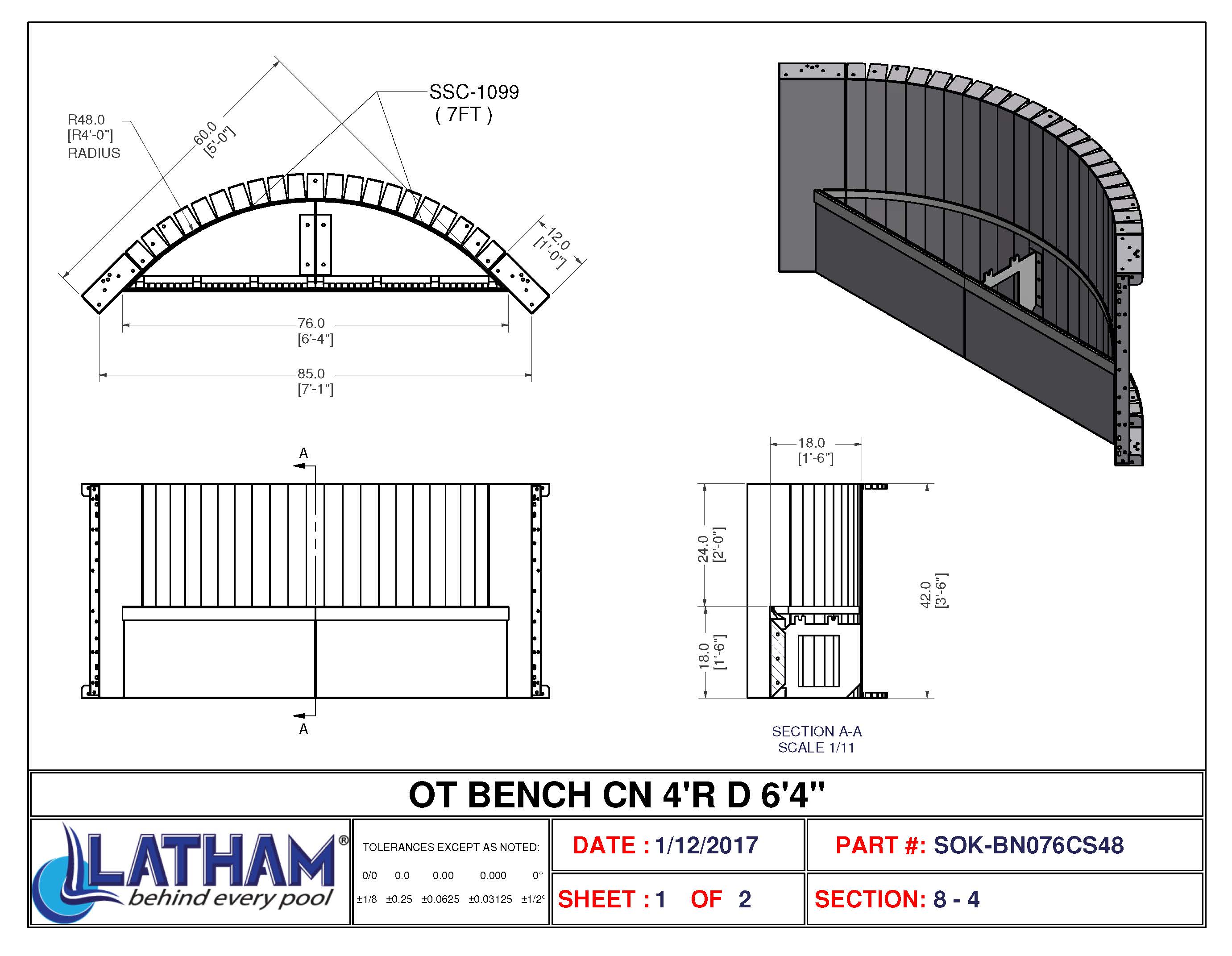 4' Radius Corner Bench (6'-4" Long)