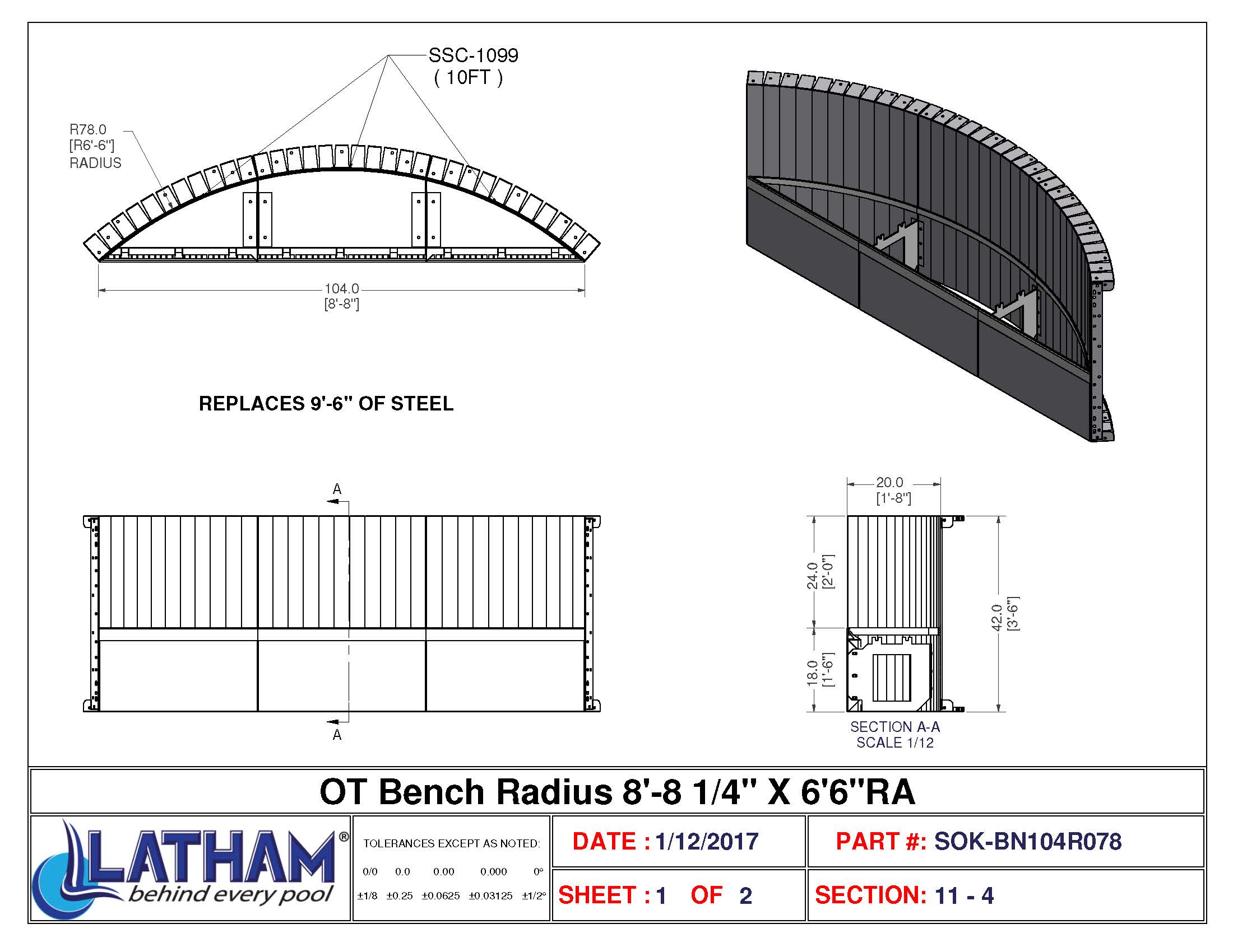 8'-8 1/4" Long 6'-6" Radius Bench