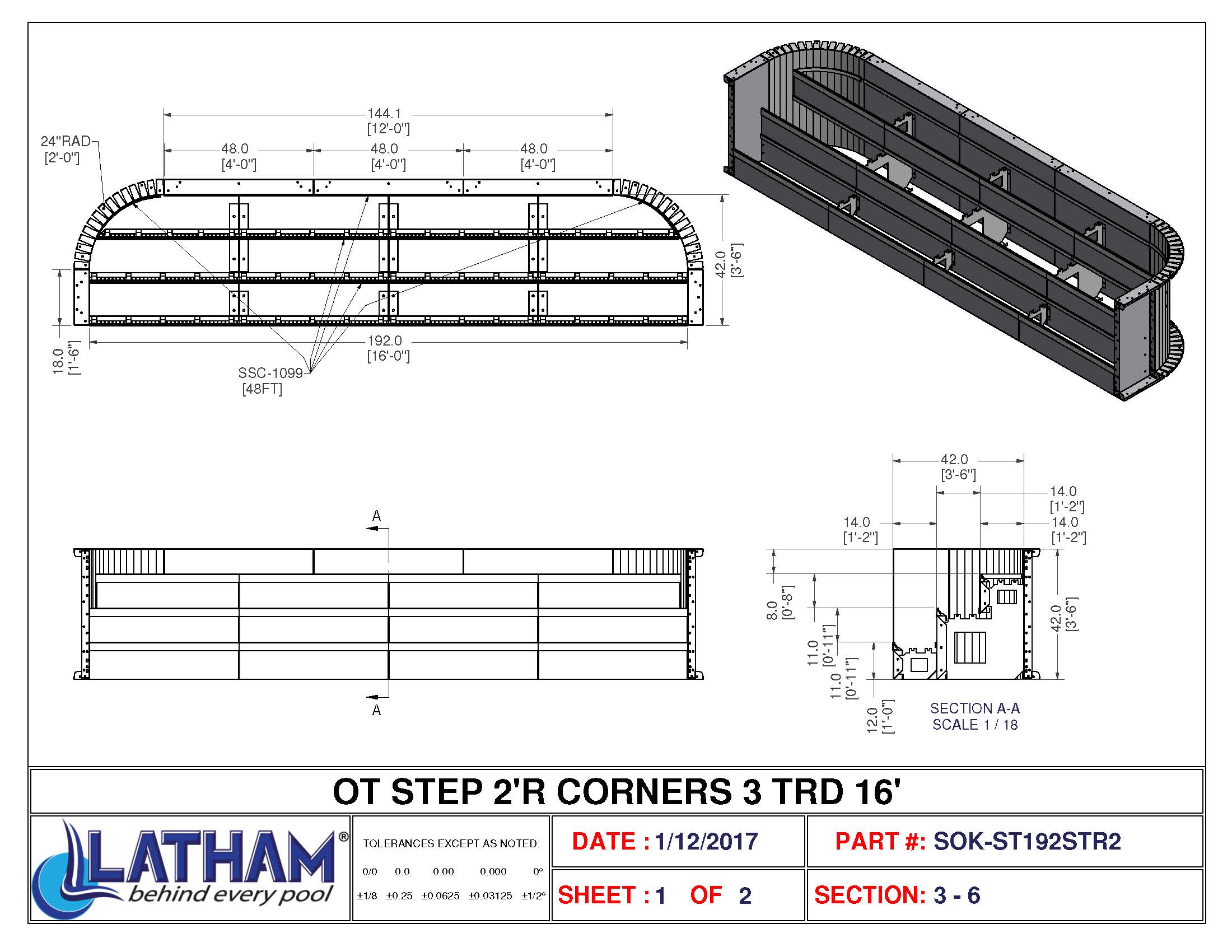 16' Straight 3-Tread Steel Step (Latham 24" Radius)